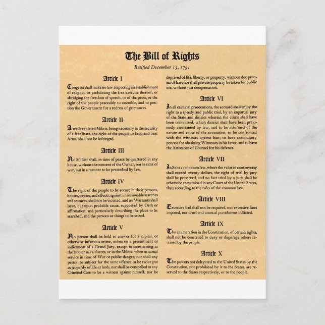 United States Bill of Rights Postcard (Front)
