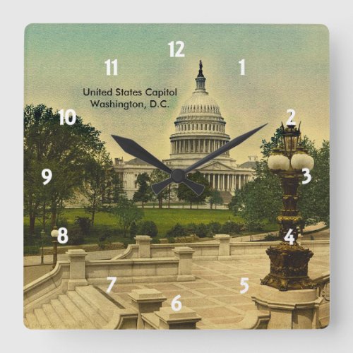 United States Capitol from Library Steps Date 1898 Square Wall Clock