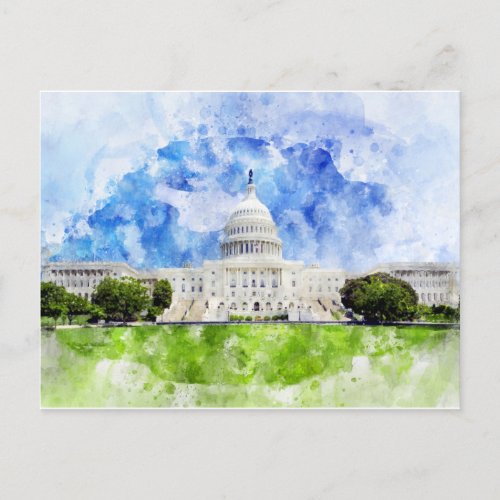 United States Capitol in Washington DC Watercolor Postcard