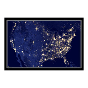 United States City Lights at Night Satellite Map Poster