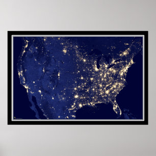United States City Lights at Night Satellite Map Poster
