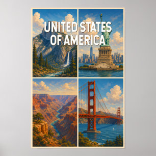 United States Collage Illustration Travel Art Poster