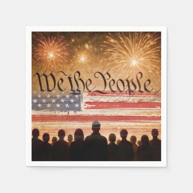 United States Constitution With Fireworks and Flag Napkins (Front)