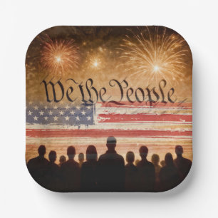 United States Constitution With Fireworks and Flag Paper Plates
