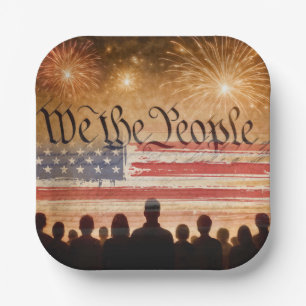 United States Constitution With Fireworks and Flag Paper Plates