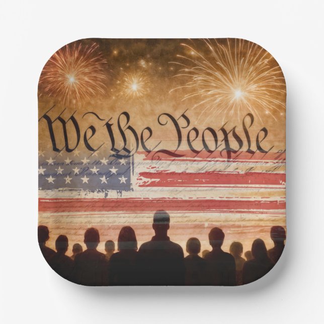 United States Constitution With Fireworks and Flag Paper Plates (Front)