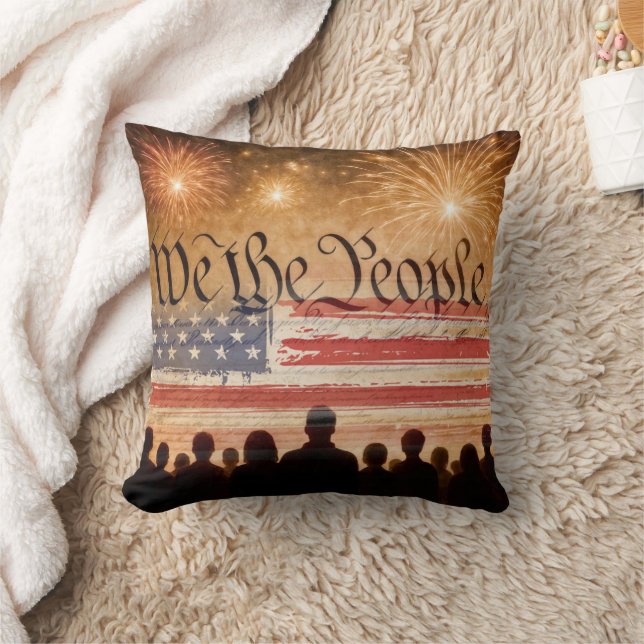 United States Constitution With Fireworks and Flag Throw Pillow (Blanket)