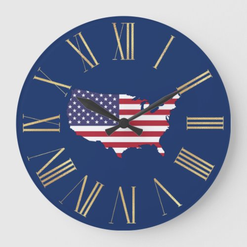 United States Country and Flag on Blue Large Clock