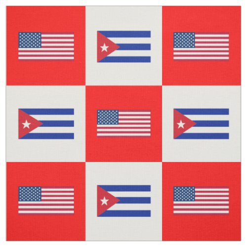 United States Flag Cuba Flag on White  Red BG Fabric