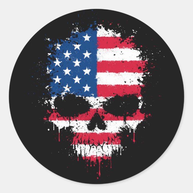 United States Flag Dripping Splatter Skull Classic Round Sticker (Front)