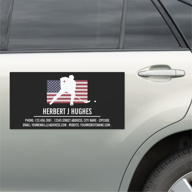 United States Flag, Hockey Player, Hockey Coach Car Magnet (In Situ)