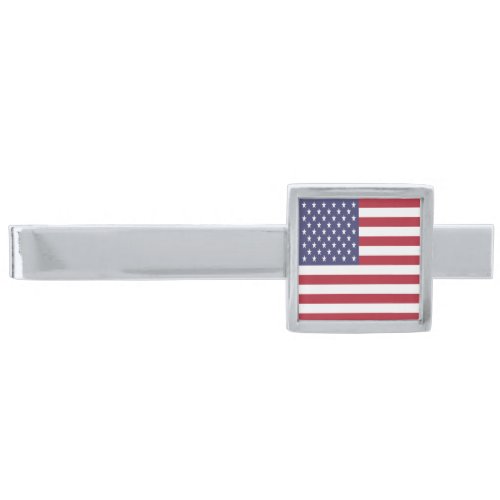 United States Flag Silver Finish Tie Bar