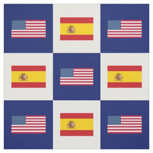 United States Flag, Spain Flag on Blue & White Fabric
