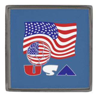 United States Flag USA Soccer Ball Blue Background Gunmetal Finish Lapel Pin