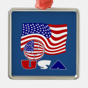 United States Flag USA Soccer Ball Blue Background Metal Ornament