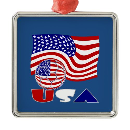 United States Flag USA Soccer Ball Blue Background Metal Ornament