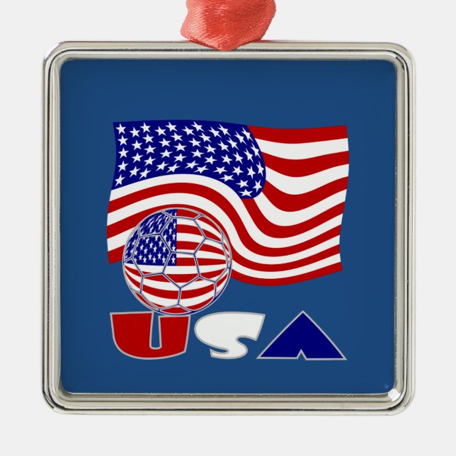 United States Flag USA Soccer Ball Blue Background Metal Ornament (Front)