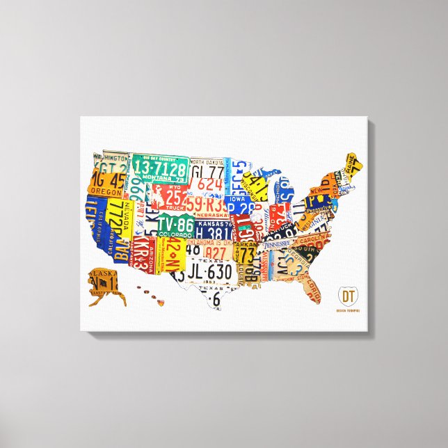 United States License Plate Map Wrapped Canvas Print (Front)