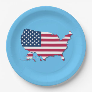 United States Map and Flag White Red Blue Paper Plates