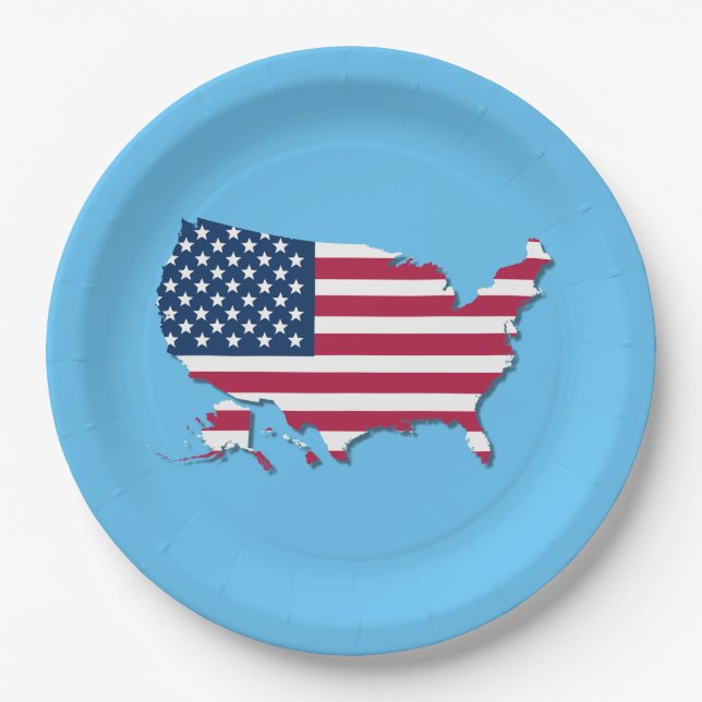 United States Map and Flag White Red Blue Paper Plates (Front)