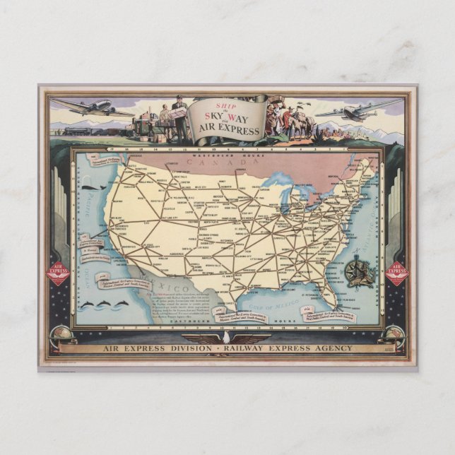 United States Map Ship the Skyway via Air Express Postcard (Front)