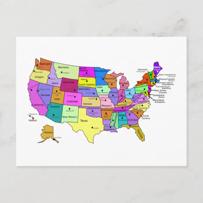 Map Of United States With Capitals United States Map State Names And Capitals Postcard | Zazzle.com