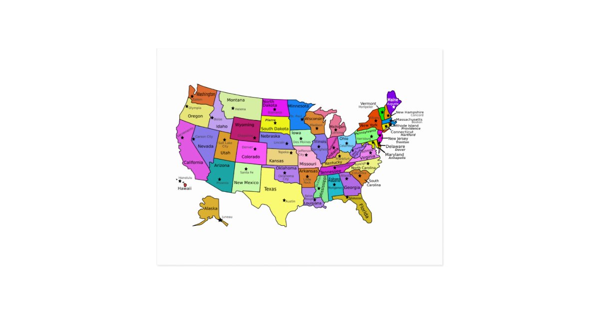 United States Map State Names And Capitals Postcard Zazzle Com