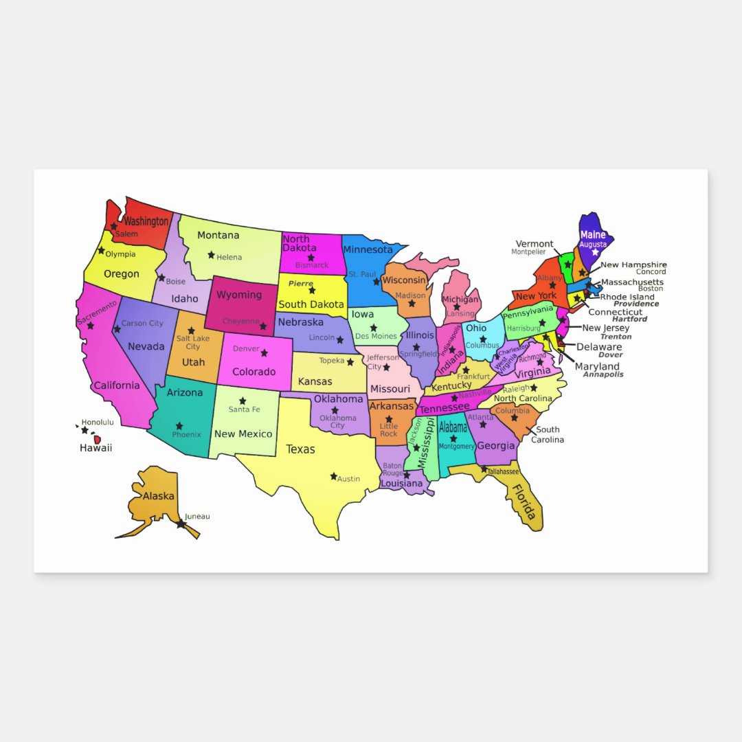 United States Map State Names And Capitals Rectangular Sticker Zazzle 