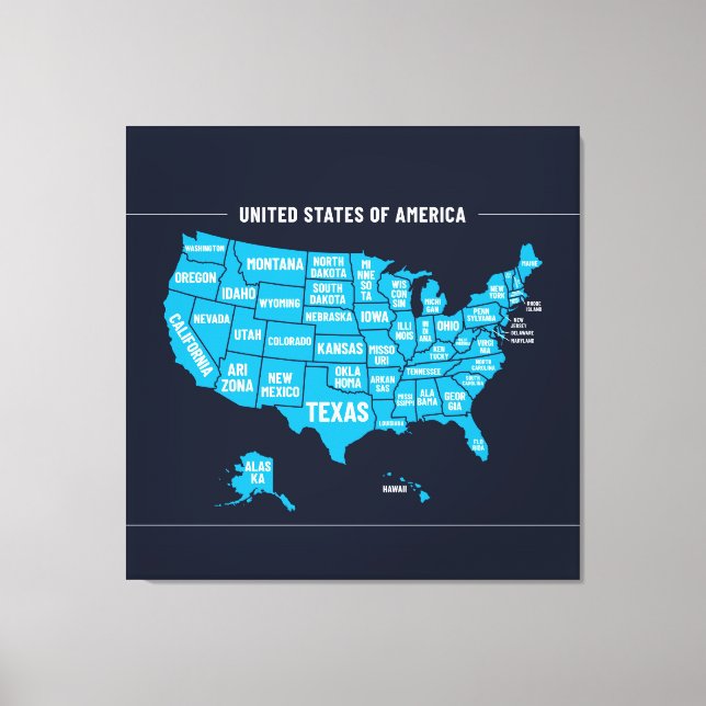 United States Map Teal Minimal Design Canvas Print (Front)