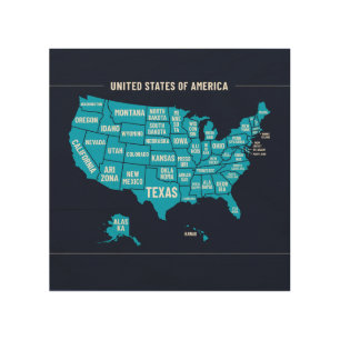 United States Map Teal Minimal Design Wood Wall Art