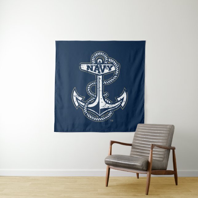 United States Naval Academy Anchor Distressed Tapestry (In Situ)