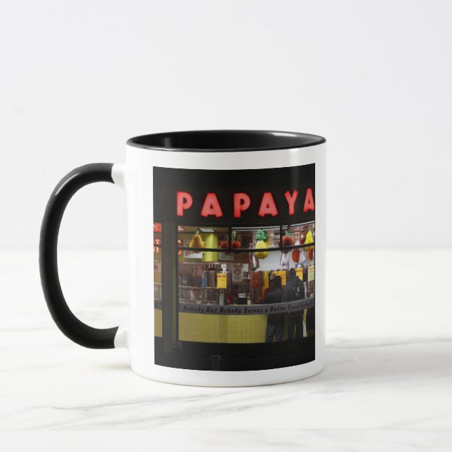 United States, New York. Gray's Papaya: window Mug (Left)