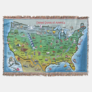 United States of America Cartoon Map Throw Blanket