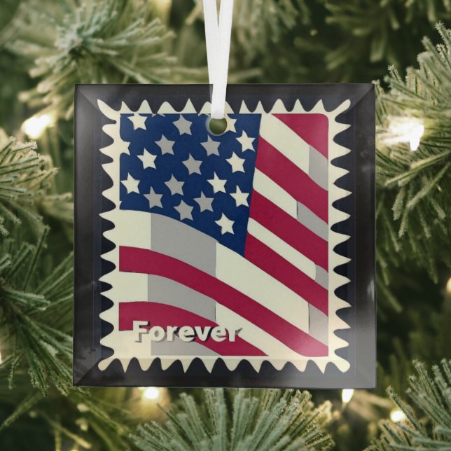 UNITED STATES OF AMERICA FLAG FOREVER STAMP GLASS ORNAMENT (Insitu)