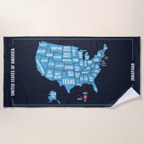 United States Of America Map Address Marker Beach Towel
