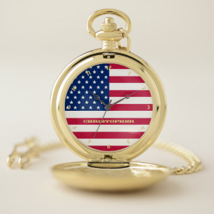 United States of America USA Flag Monogrammed Gold Pocket Watch
