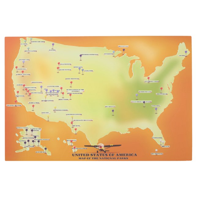 united states of american national parks map metal print (Front)