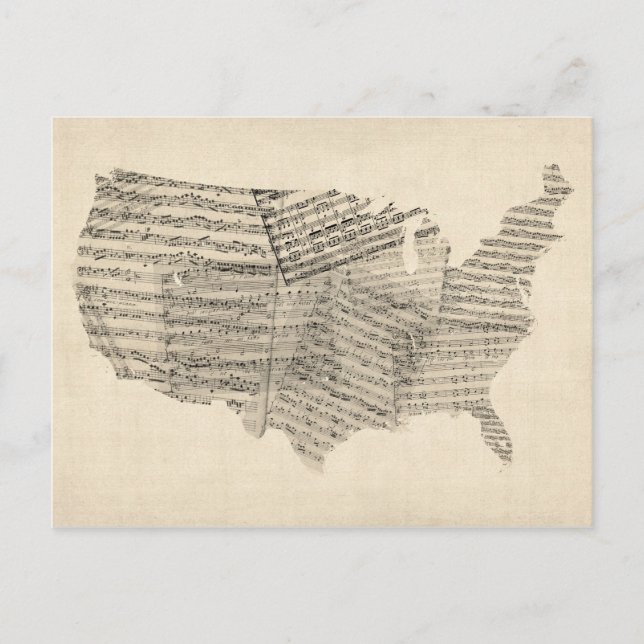 United States Old Sheet Music Map Postcard (Front)