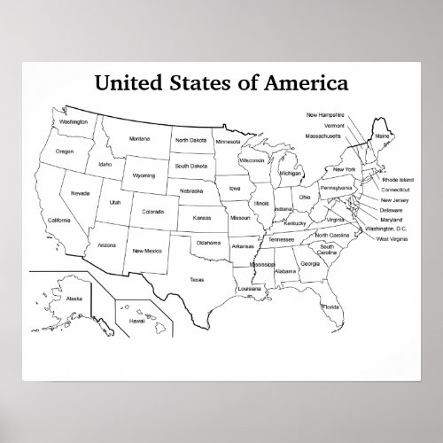 United States Outline Map With State Names Poster