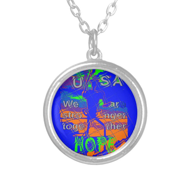 United States Psychedelic Hope: Blue Unity Art Silver Plated Necklace (Front)