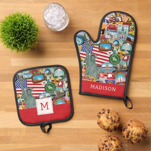 United States Travel Sticker Pattern Oven Mitt  Pot Holder Set