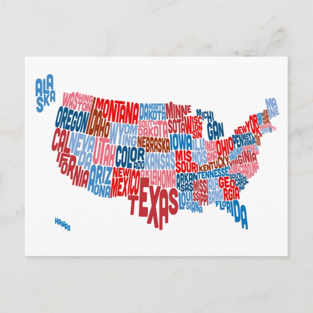 United States Typography Text Map Postcard (Front)