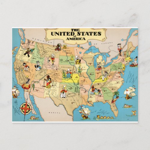 United States Vintage Map Postcard