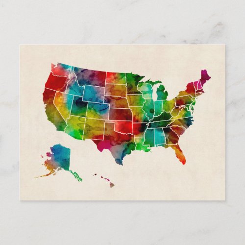 United States Watercolor Map Postcard