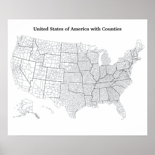 United States with Counties Blank Outline Map Poster