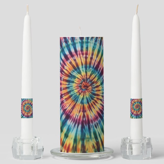 Unity Candle Set Pilar and Tapers Tie-Dye Design
