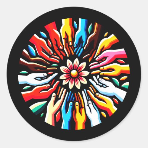 Unity in Diversity Hands of Harmony Floral Circle Classic Round Sticker