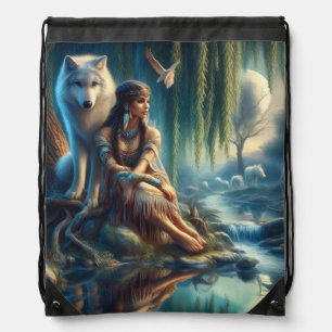 Unity of a Native Indian and her wolf Drawstring Bag