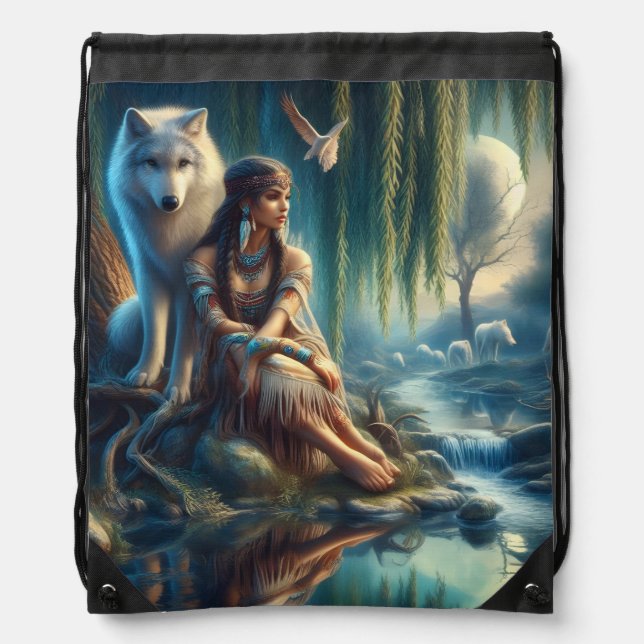 Unity of a Native Indian and her wolf Drawstring Bag (Front)