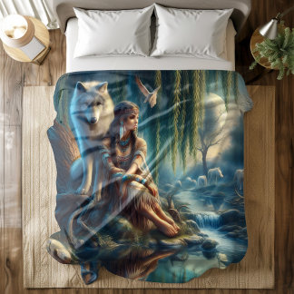 Unity of a Native Indian and her wolf Duvet Cover
